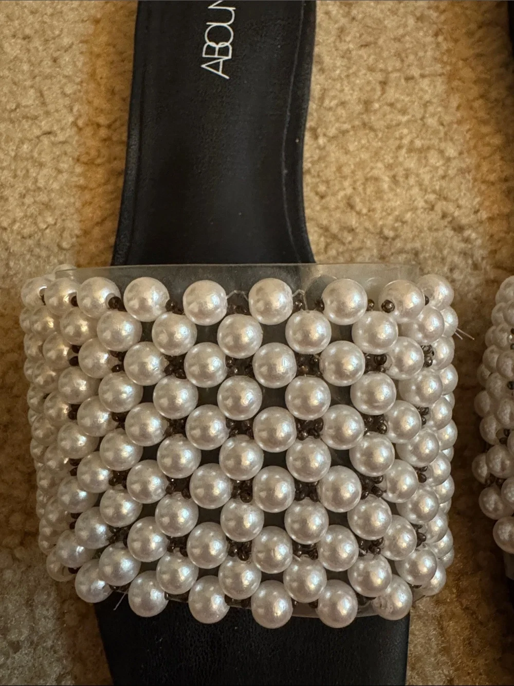 Black Slides with Pearl-Studded Straps - Size 7